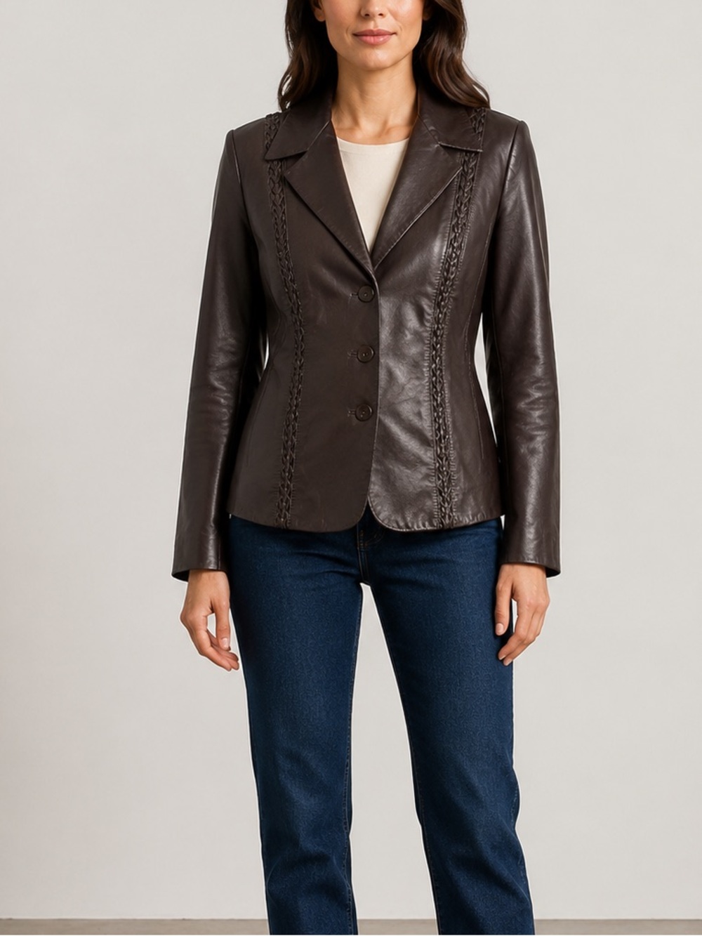 Dana Buchman Brown 100% Leather Jacket Braided Trim Blazer Size 10 Vintage